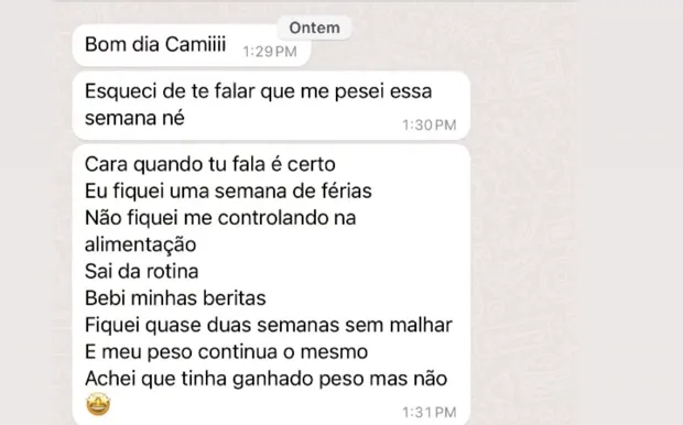 Depoimento de aluna sobre manter o peso nas ferias